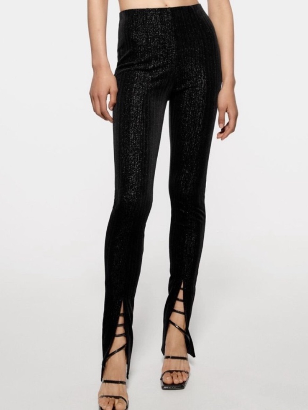 Zara Black Shimmer Skinny Pants with Front Ladder Split Hems